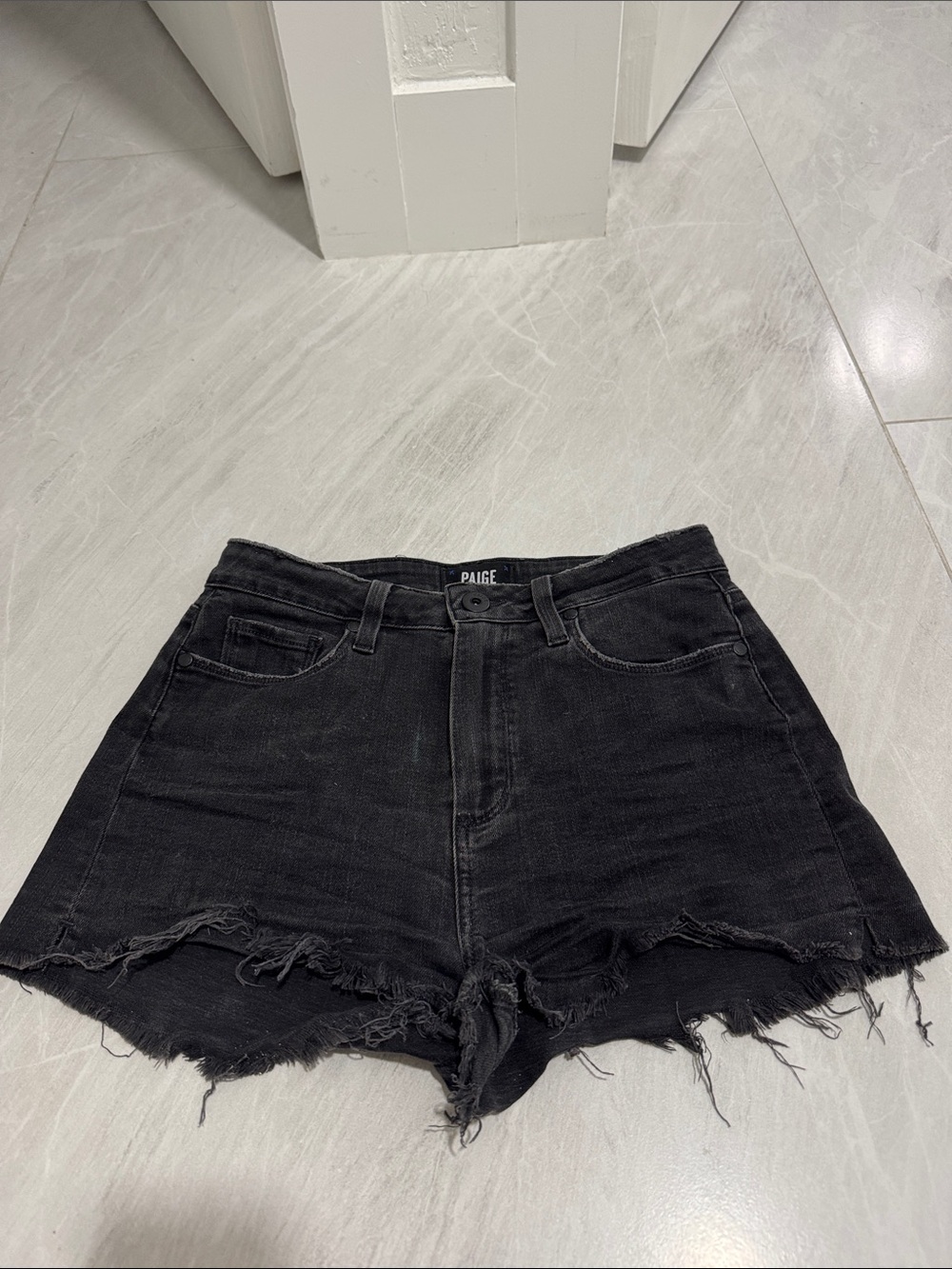 PAIGE Black Distressed High-Rise Denim Shorts